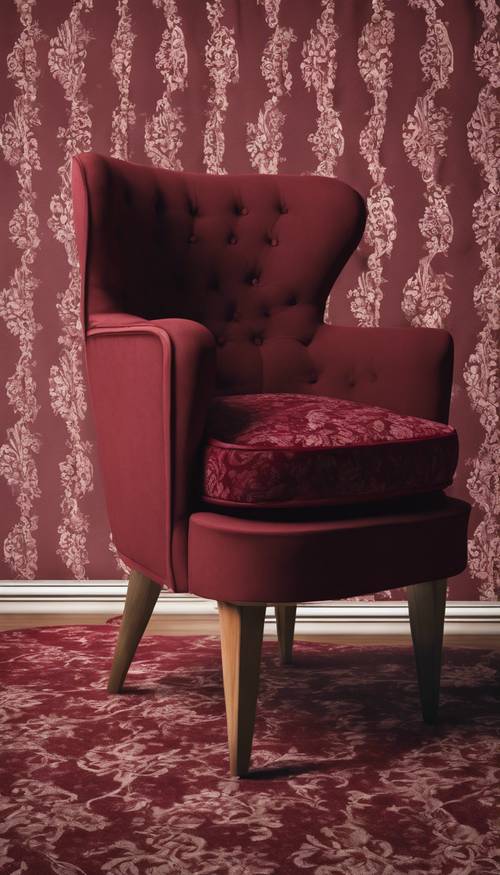 Mid century modern chair with burgundy damask covers.