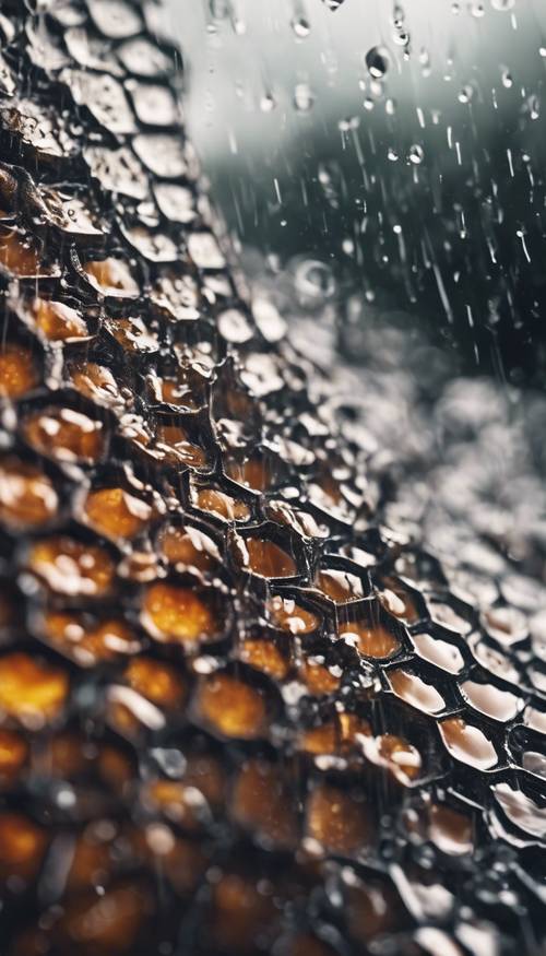 Close-up view of a dark honeycomb pattern drenched in heavy rainfall.