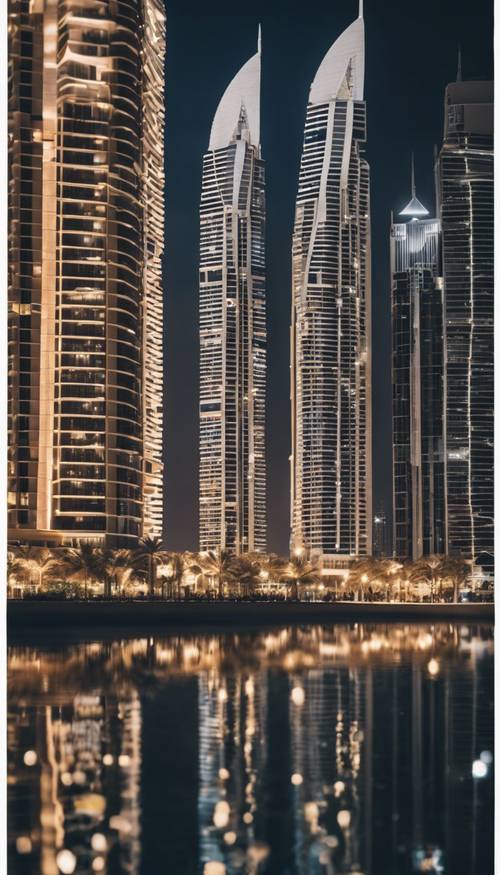 Dubai Marina illuminated with dazzling lights during the night amid towering skyscrapers.