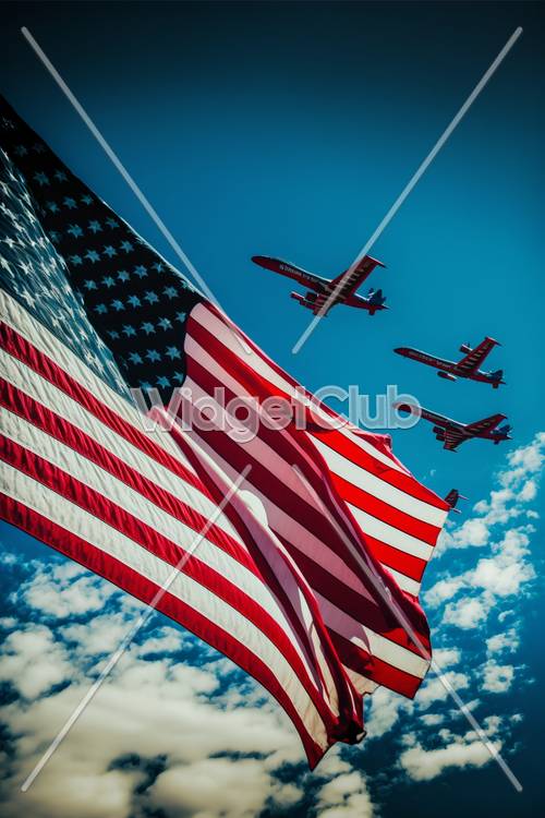 Amerikanische Flagge und Flugzeuge am Himmel
