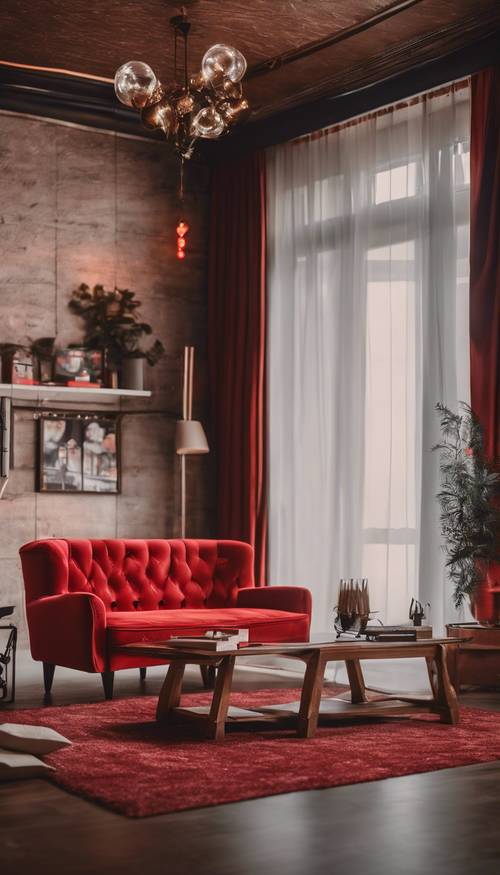Un interior acogedor de una habitación con muebles rojos y un fondo iluminado con bokeh.