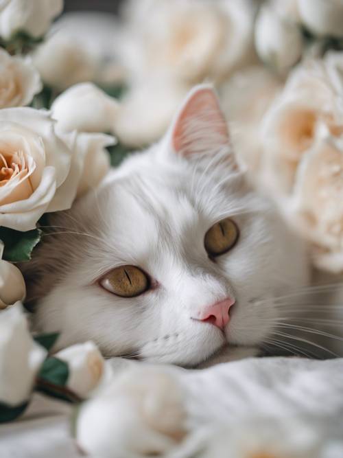 Eine malerische, zufriedene weiße Katze, die inmitten eines Bettes aus weißen Rosen schläft.