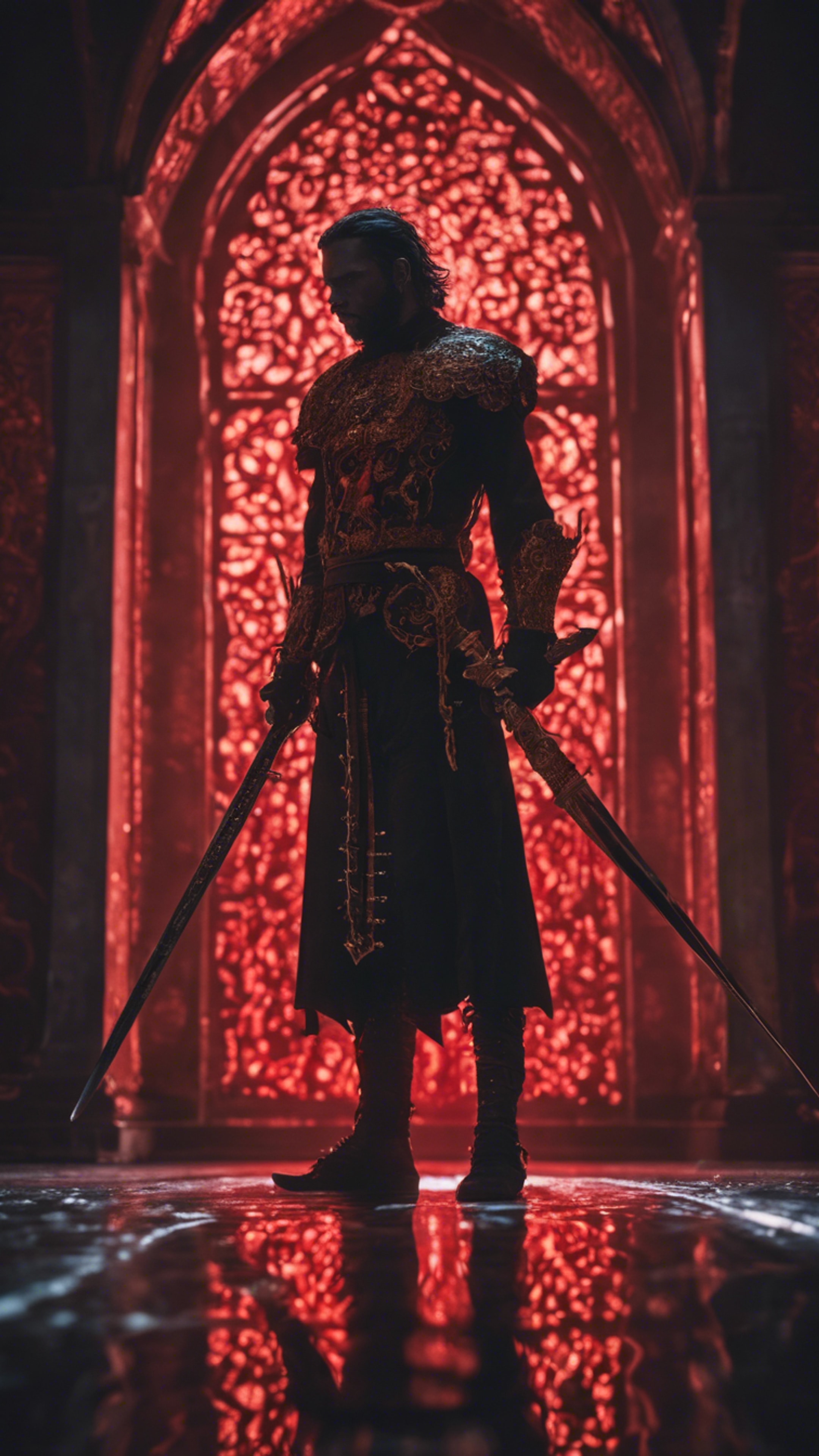 A Gothic warrior, his silhouette bathed in a concoction of red and gold light, striking a pose with his ornate sword. Wallpaper[9fad715962214be9bd04]