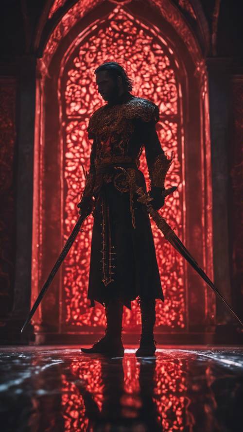 Un guerrero gótico, con su silueta bañada en una mezcla de luz roja y dorada, posando con su ornamentada espada.