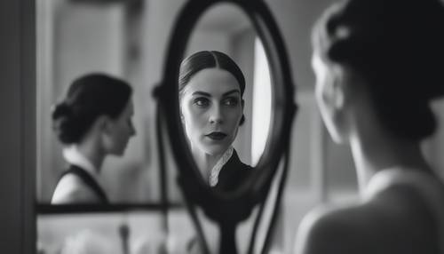 Un portrait au fusain d&#39;une femme vêtue d&#39;une tenue victorienne classique, regardant son reflet dans un miroir élégant et contemporain.