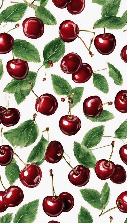 A seamless pattern inspired by the 1940s with red cherries on a white backdrop. Tapeta [cd2cdb01813148f3b75b]