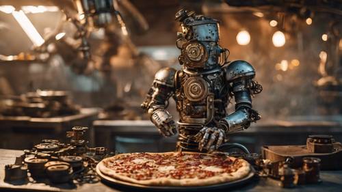 Un robot-chef steampunk che prepara una pizza con ingranaggi e ingranaggi.