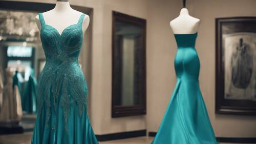 Fajna suknia wieczorowa w kolorze turkusowym, elegancko umieszczona na manekinie.