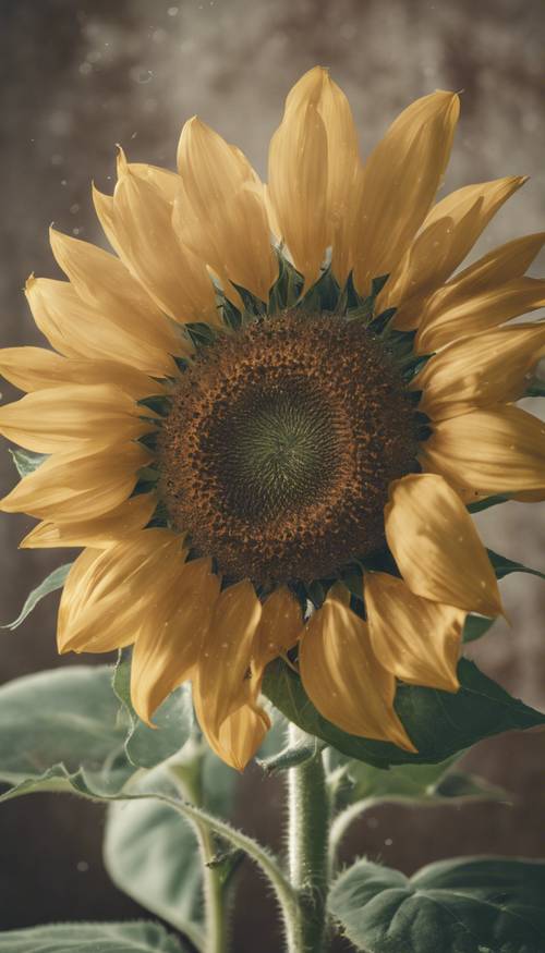 Eine blühende Sonnenblume vor dem Hintergrund eines verblassten Vintage-Films.