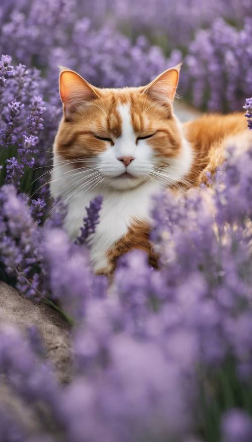 Seekor kucing calico yang sedang tidur terletak di tengah hamparan bunga lavender yang sedang mekar.