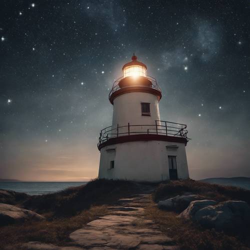 An old lighthouse under a night sky with a backdrop of gleaming stars. Tapeta [6674726df3a24ce0b1ce]