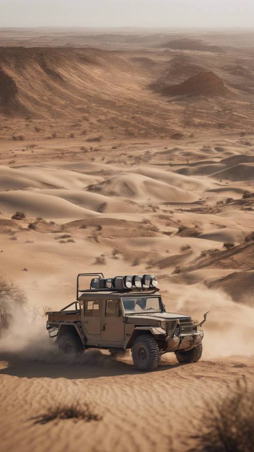Một chiếc xe địa hình bụi bặm đi bộ xuyên qua phong cảnh sa mạc hiểm trở.