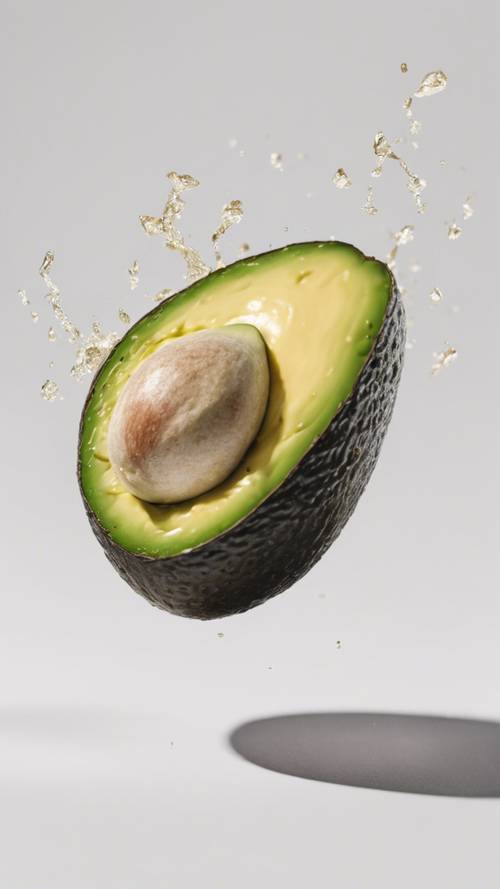 Illustration of a ripe, single avocado spinning in mid-air with a white background.