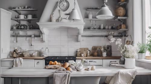 A country chic kitchen decorated in charming gray and white hues.