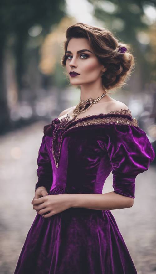 Uma senhora elegante usando um vestido vitoriano de veludo roxo.
