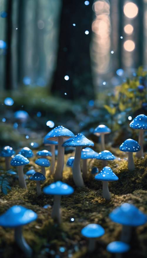 기하학적인 파란색 버섯과 반딧불이가 있는 요정 숲의 몽환적인 달빛 장면.