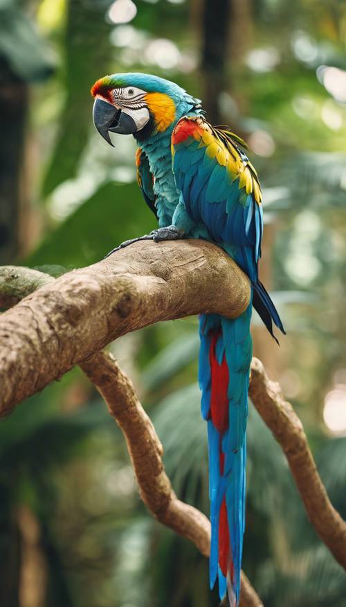 A close-up view of a vibrant macaw parrot perched on a branch in the tropical rainforest.