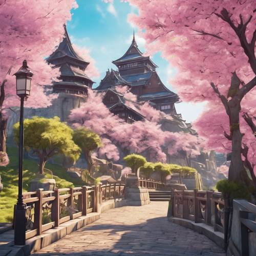 A lively anime castle town adorned with vibrant cherry blossom trees.