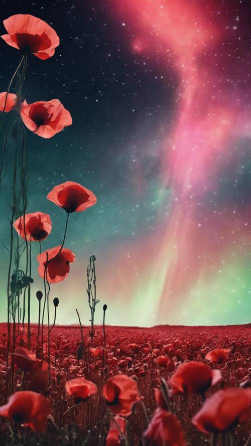A mystical poppy field in moonlit silhouette against an aurora borealis sky. Tapet [848bfced859b4cc3abaa]