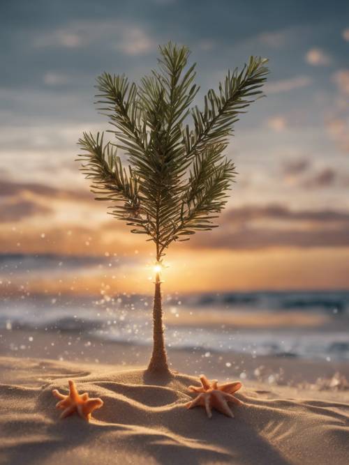 A quiet beach on a tropical island with a tiny Christmas tree in the sand and a sunset in the background.