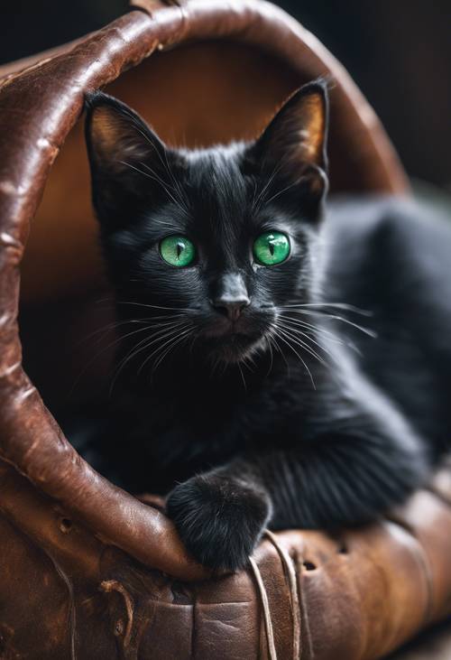 Một chú mèo con màu đen với đôi mắt màu ngọc lục bảo, nép mình trong chiếc ủng da cũ.