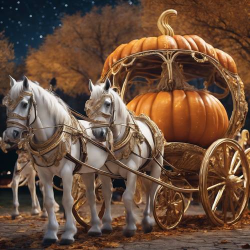 Una scena da sogno di una maestosa carrozza da favola, trasformata da una zucca, trainata da cavalli bianchi sotto il cielo notturno stellato.