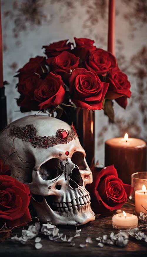 A gothic still life with a skull, red roses and a lit candle. Tapet [4d7c961f7aae4f12b816]