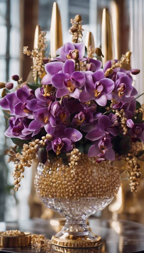 Extravagantes Blumenarrangement mit goldenen Lilien, lavendelfarbenen Rosen und dunkelvioletten Orchideen in einer wunderschönen Kristallvase.