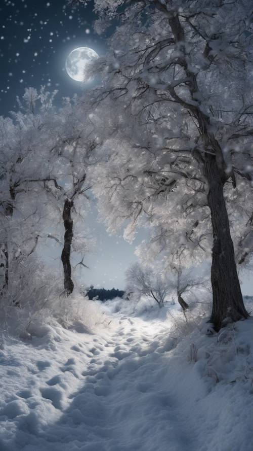 Parlak dolunay ışığı altında gümüşi renkte parlayan karlı bir manzara.