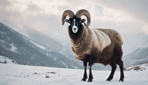 Uma rara ovelha Jacob de quatro chifres em pé majestosamente contra uma paisagem nevada de inverno.