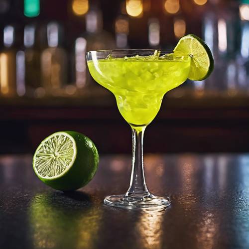 Close-up image of a neon yellow cocktail with a slice of lime against a bar setting.