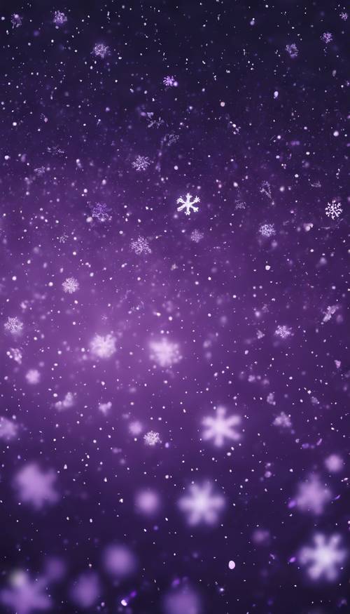 Suaves copos de nieve de color púrpura cayendo suavemente contra un cielo nocturno de color púrpura más profundo.