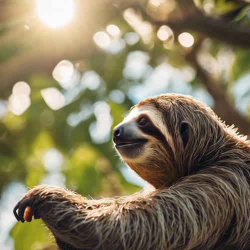 A sloth looking up and reaching out towards the sunlit sky.