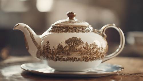 A vintage teapot, full of boiling water, ready to pour a cup of tea into a fine china teacup. Behang [fbb36a4c410e45259a22]