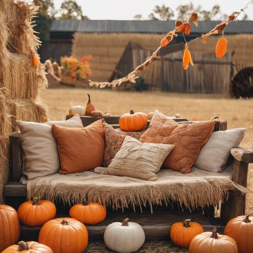 Acogedor rincón al aire libre para sentarse en Acción de Gracias, creado con fardos de paja, colchas rústicas y calabazas de color naranja brillante.