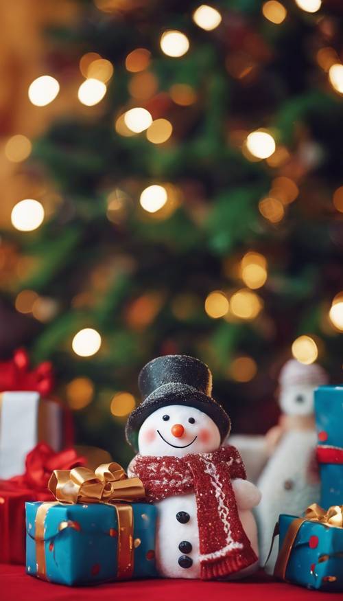 Fröhliche Winterferien, ein fröhlicher Schneemann zusammen mit bunt verpackten Geschenken unter einem festlichen Weihnachtsbaum.