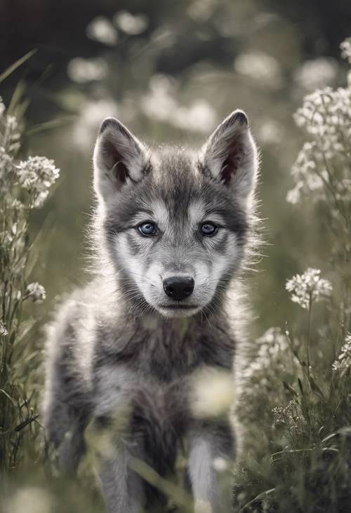 A curious black and white wolf cub, peering out from behind its mother, in a flowering spring meadow.