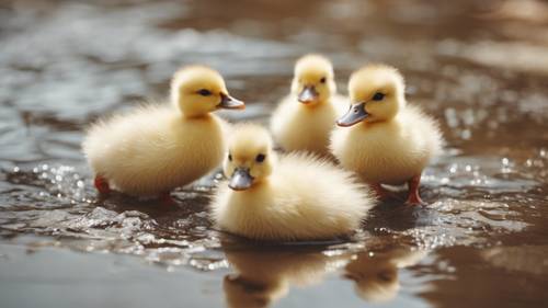 An adorable group of white ducklings wading around in a small, beige puddle.