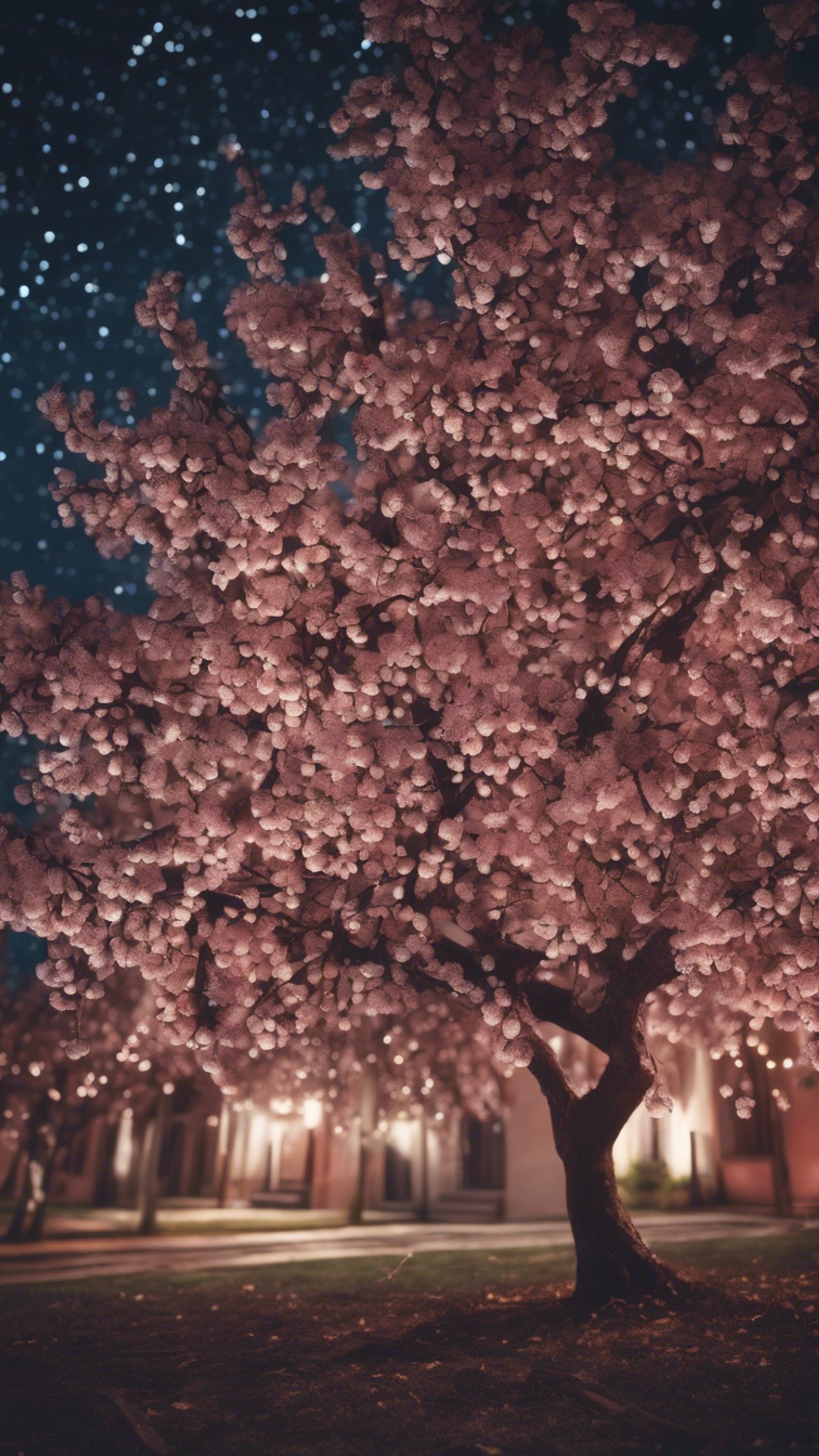A night scene of a cherry tree full of fruits under a starry sky.壁紙[15de247c6d2a49778baa]