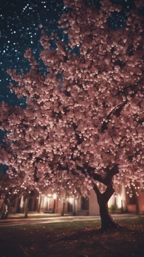 Nocna scena wiśniowego drzewa pełnego owoców pod rozgwieżdżonym niebem.