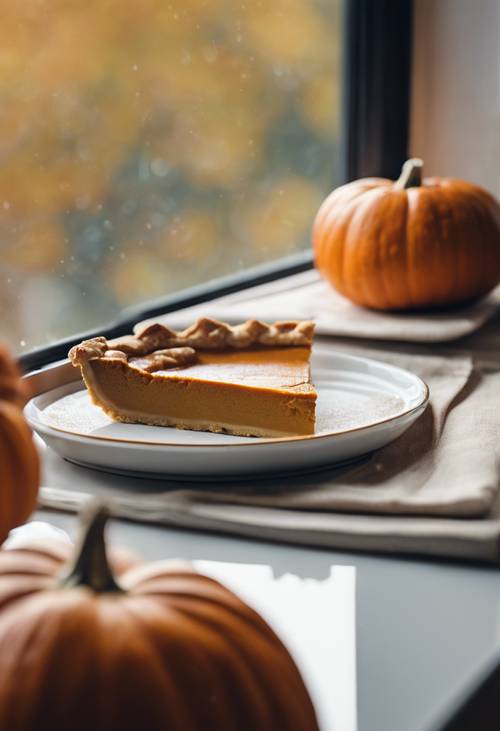 An inviting pumpkin pie cooling on a window sill as the autumn day wanes.