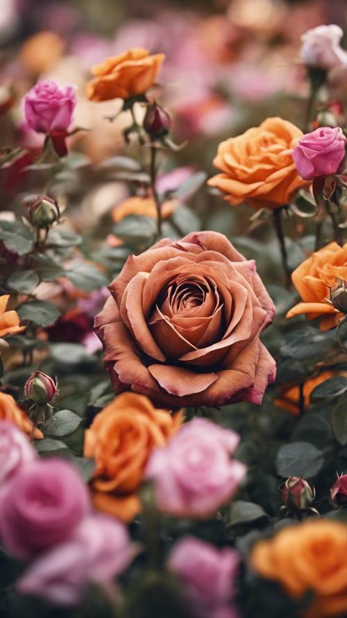A freshly blossoming rich brown rose in a bed of colorful flowers.