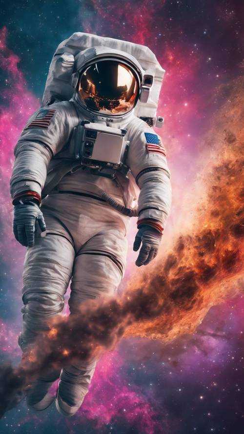 Un panorama spatial vibrant avec un astronaute dérivant au premier plan.