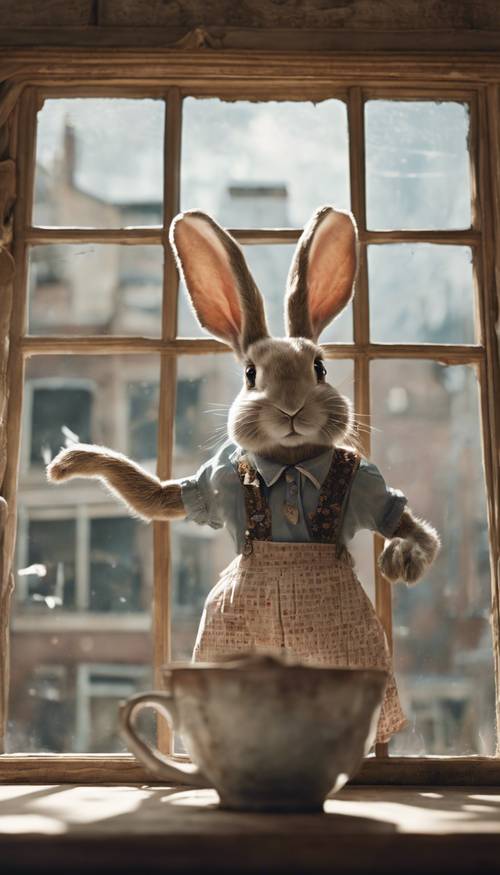 Alice trapped in Rabbit's house, her gigantic arm and leg sticking out of windows.