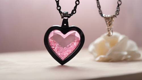 Liontin berbentuk hati berwarna merah muda dengan rantai hitam tergantung di dudukan kalung.