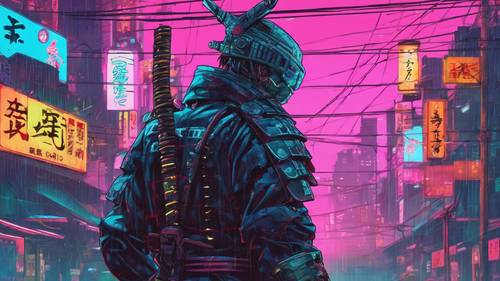 Samurai cibernético pronto para desenhar sua katana digital em uma noite chuvosa em Tóquio.