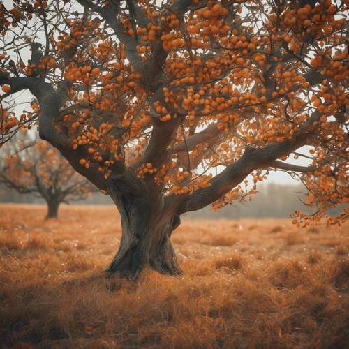 يوم خريفي متضائل يعطي لونًا برتقاليًا لشجرة برتقالية ناضجة في حقل مفتوح.