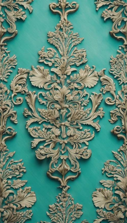 綠松石壁紙上複雜的舊世界錦緞設計。