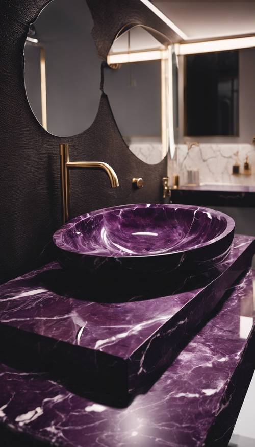 Pia de banheiro luxuosa em mármore roxo escuro.