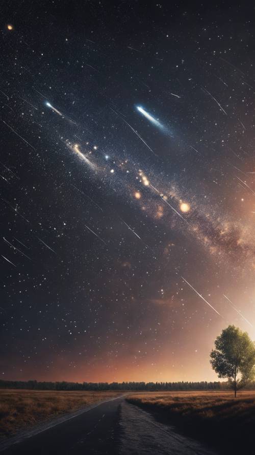 A dark space landscape with streaks of meteor showers illuminating the sky.